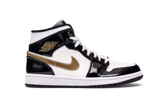 Jordan 1 Mid Patent Black White Gold