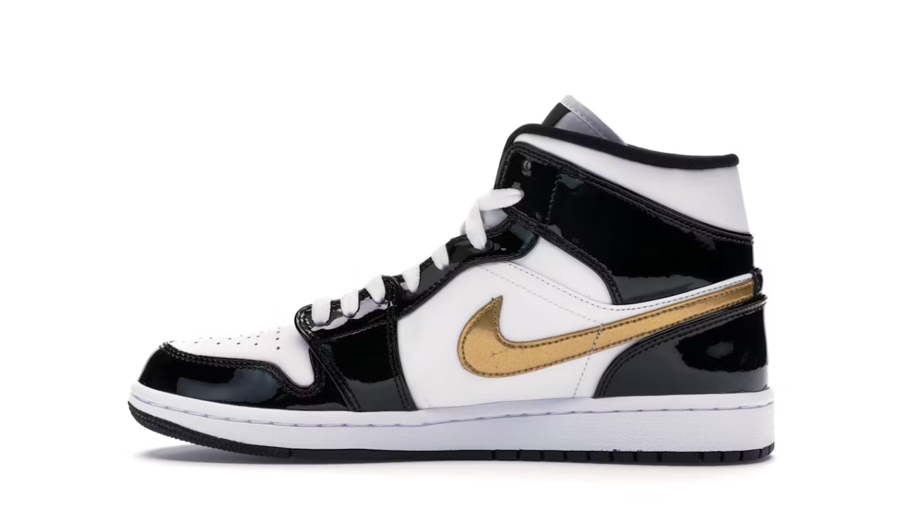 Jordan 1 Mid Patent Black White Gold