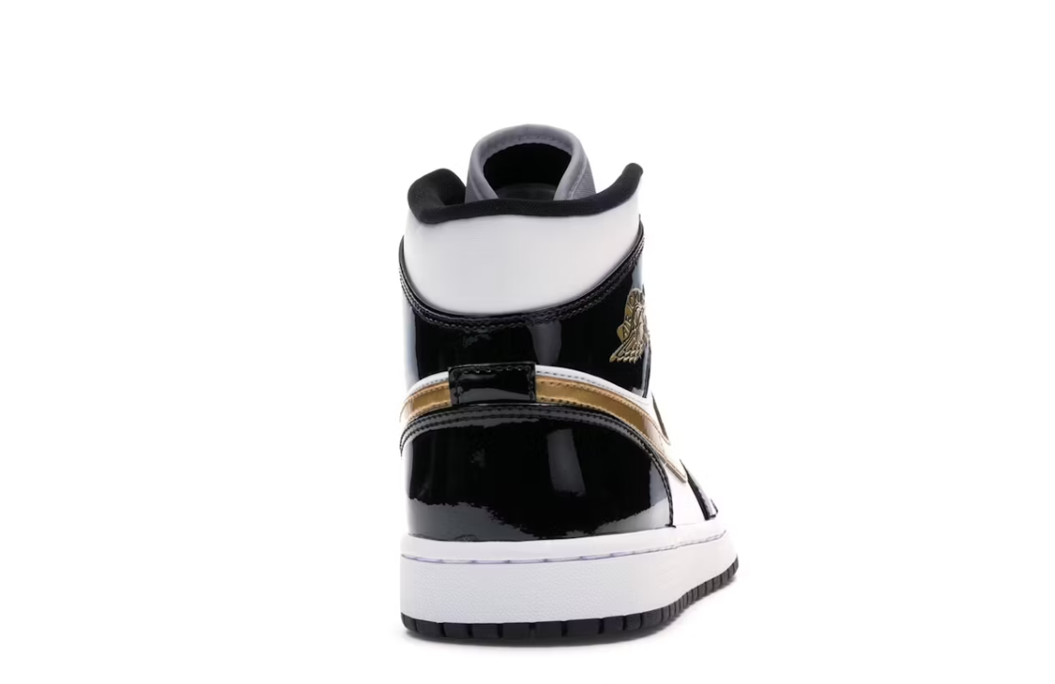 Jordan 1 Mid Patent Black White Gold